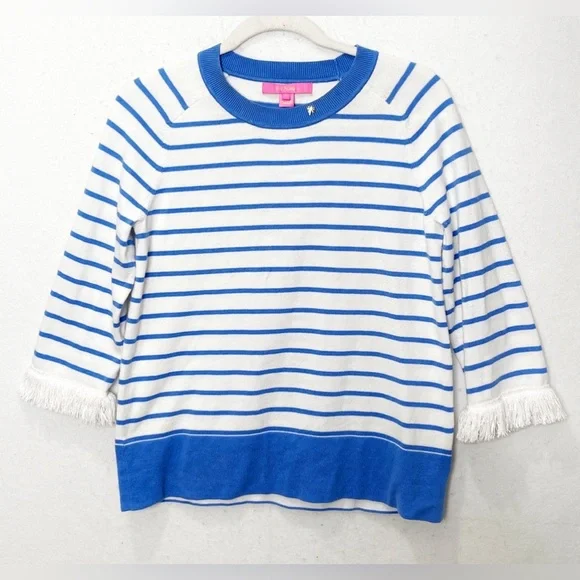 Lilly Pulitzer Dasha Cotton Striped Fringe Sweater Coastal Blue Size Small - Picture 2 of 9